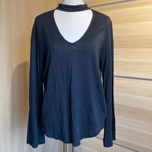 Sanctuary Black Linen Choker Neck Top | V-Neck Long Sleeve Blouse | Size M